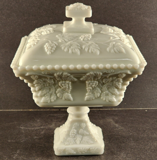 Large Milk Glass Square Compote & Lid Westmoreland Beaded Grape Pedestal Vintage