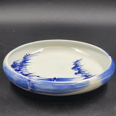 Japanese Porcelain Bowl Blue White Bamboo Dragonfly Design Curled Lip 9.5