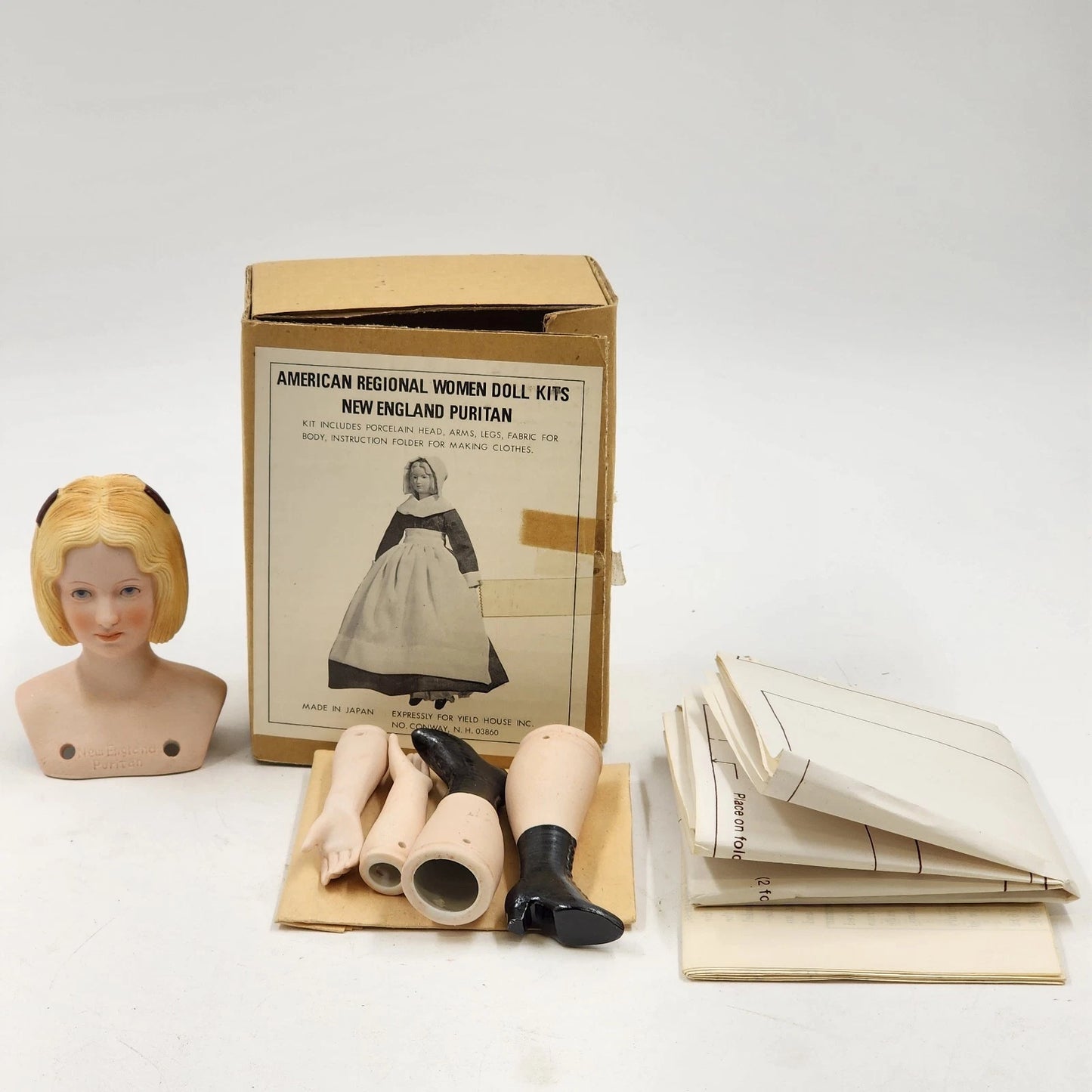New England Puritan Doll Kit by Yield House Includes Head Arms Legs & Pattern