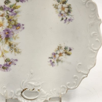 White Porcelain Platter Purple Floral Scalloped Edge Handles 9.5"