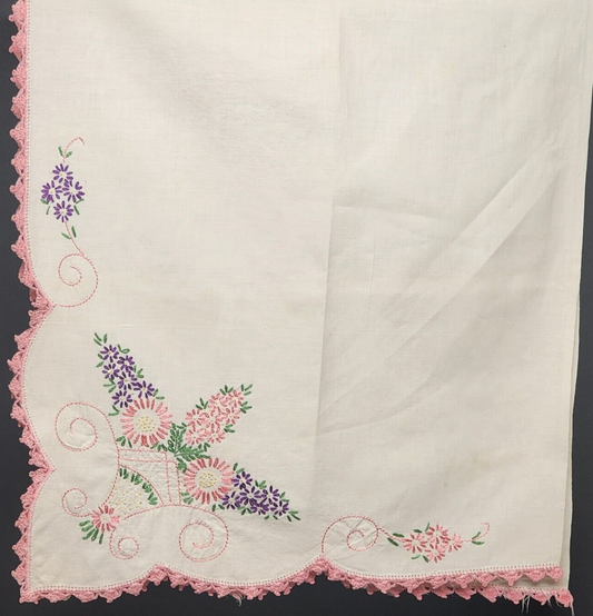 White And Pink Hand Embroidered Linen Tablerunner Vintage With Lace Trim