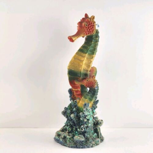 Seahorse & Baby Seahorse on a Coral Base Resin Figurine Glitter Multicolor 8"