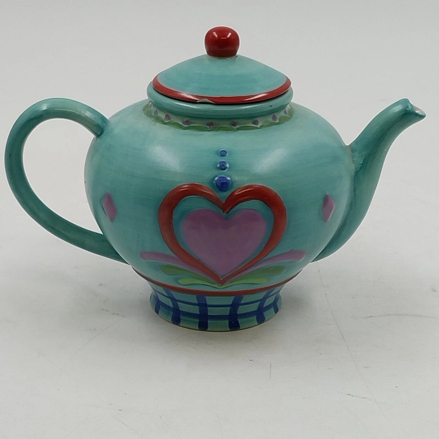 Jim Shore Teapot Candle Enesco Heartwood Creek Blue w Red Heart Ceramic Chip Lid