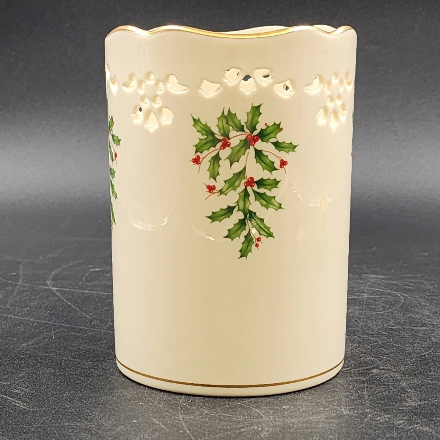 Lenox Pierced Holly Votive Candle Holder Vase Holiday Dimension Ivory Porcelain