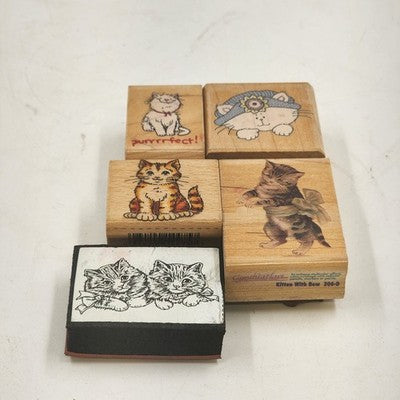 5 Wood Rubber Stamps Cats Theme Kitten w Bow Purrrfect Peeking Sabrina