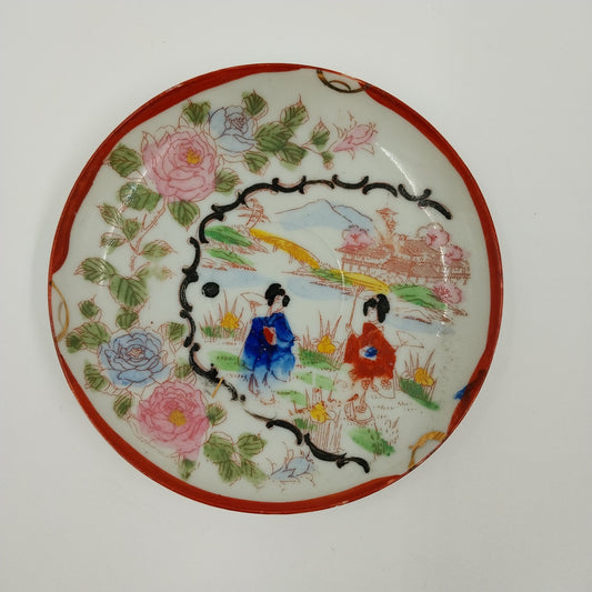 Japanese Kutani Geisha Girl Roses Mt Fuji Hand Painted Porcelain Plate 5.5" Vtg