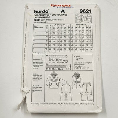 Burda 9621 Sewing Pattern Uncut Boys Hoodie & Pants Sz 3-8 Semi-Fitted 2010s