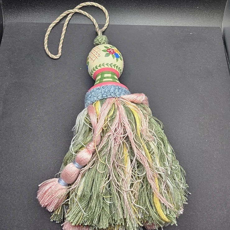 Tassel Pull Cord Finial Curtain Tie-Back LARGE Wood Hand Painted Pink Green