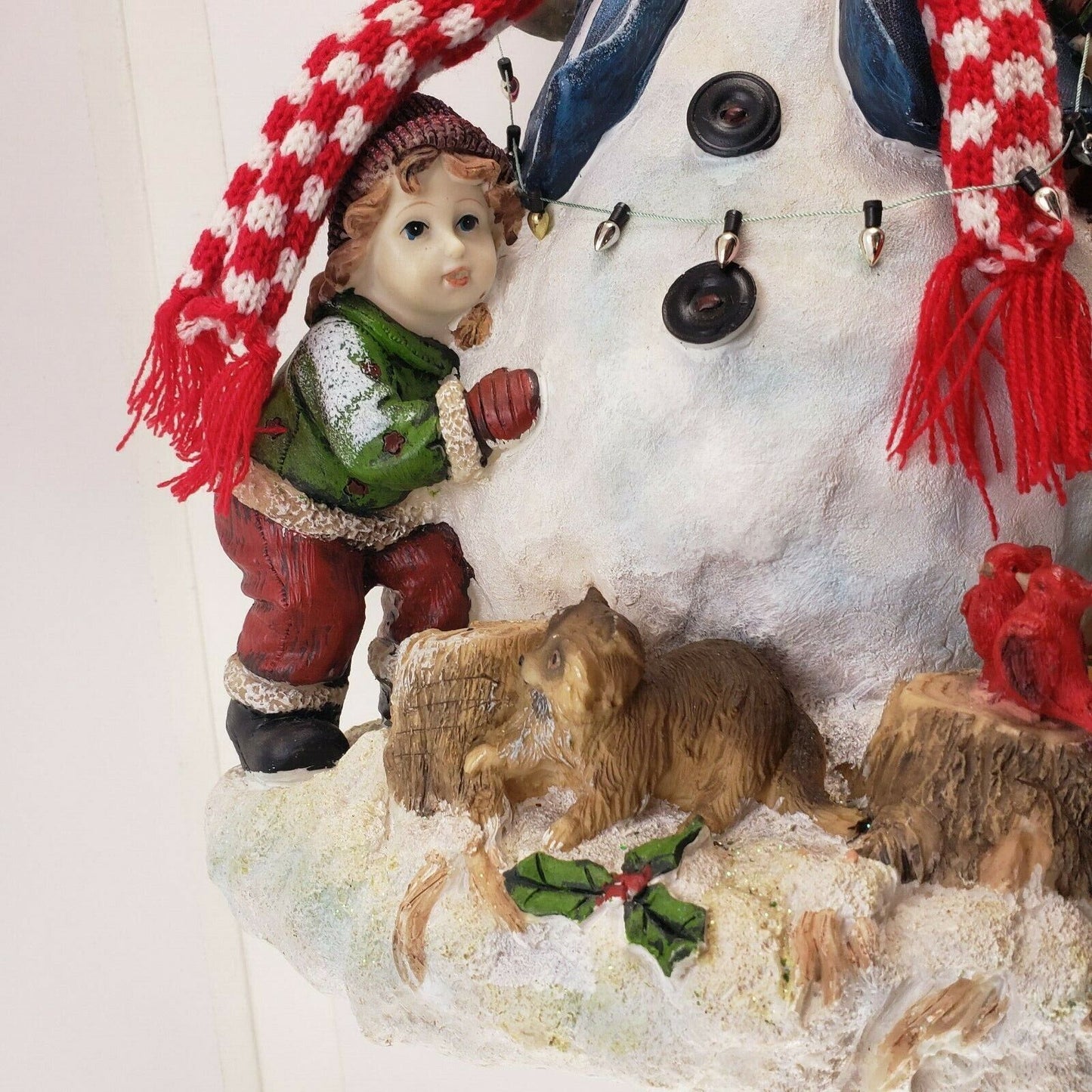 15" Snowman with Kids Birds Vest & Holly Christmas Tabletop Composite Figurine