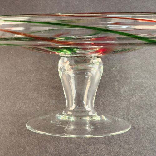 Hand Blown Clear Art Glass Pedestal Cake Plate Red Green Swirls 12.5" d x 5.5" h