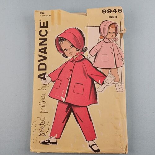Advance 9946 Vintage Sewing Pattern 1961 Toddlers Coat Pants and Bonnet Size 2