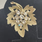 Gold Tone Leaf Brooch with Clear Rhinestones Brushed Finish 1.5" x 2" Vintage