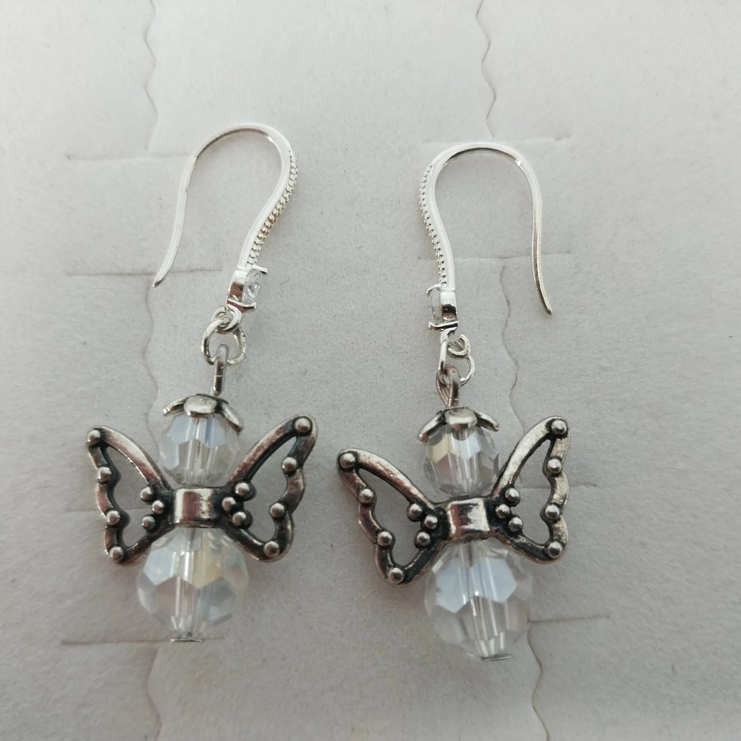 Silver Tone Angel Wing Dangle Earrings Clear Faceted Beads French Hook Jewelry
