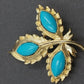 Gold Tone Leaf Brooch Blue Faux Turquoise Marquise Cabochon Floral Pin Vintage