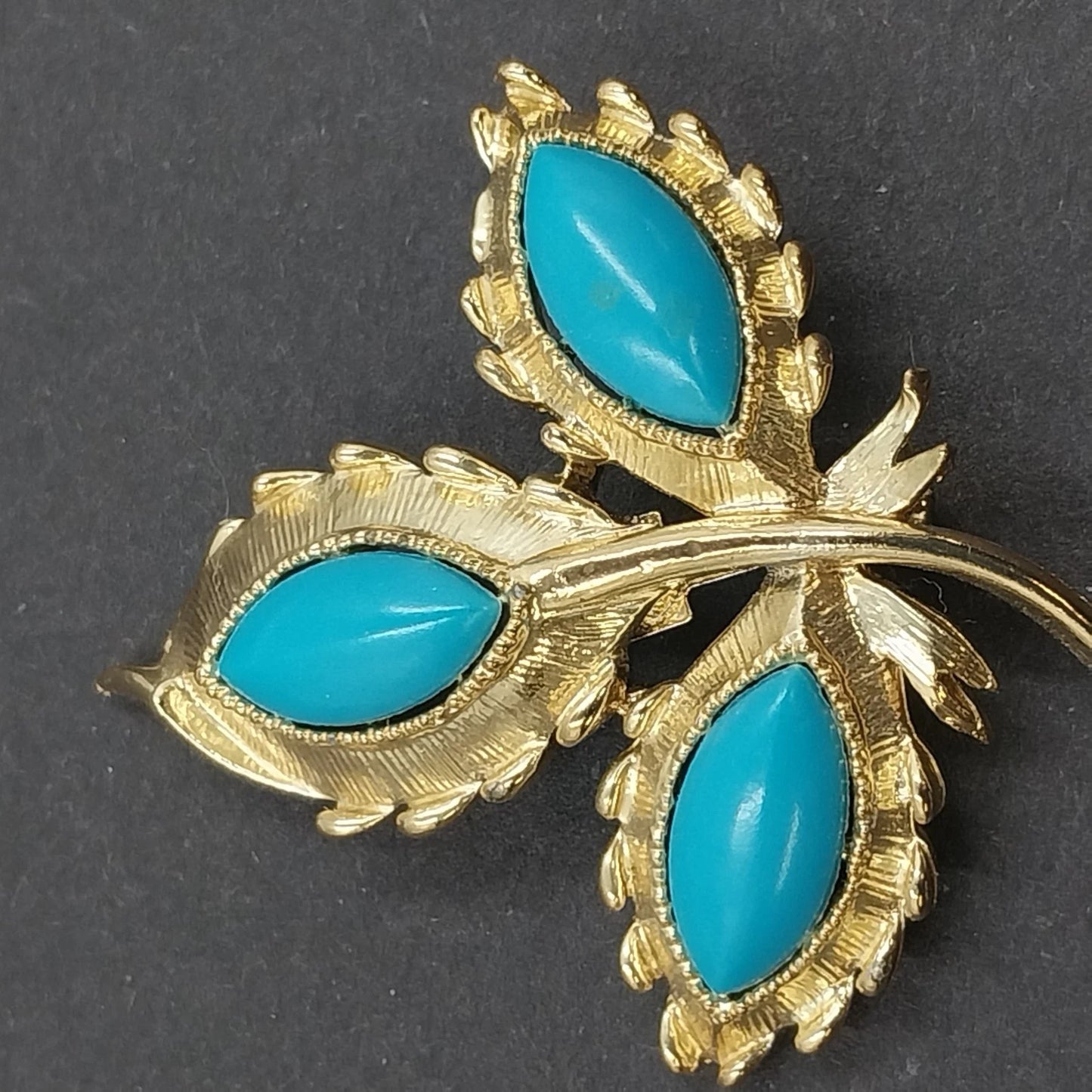 Gold Tone Leaf Brooch Blue Faux Turquoise Marquise Cabochon Floral Pin Vintage