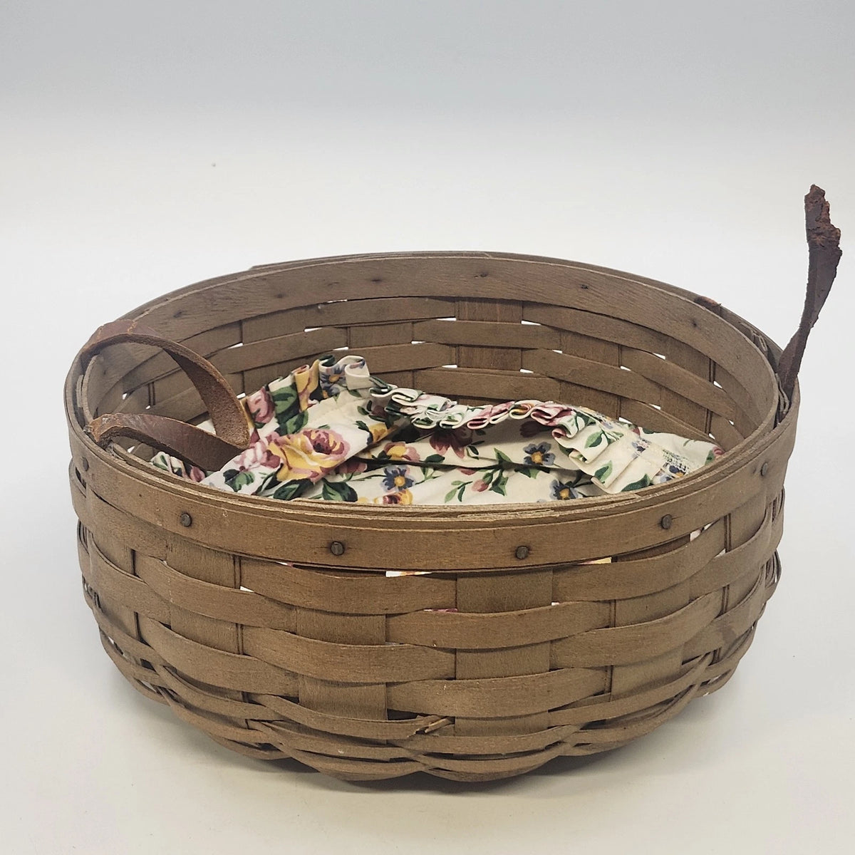 Longaberger Darning Basket 10" Round Floral Liner Double Leather Handle Vtg USA