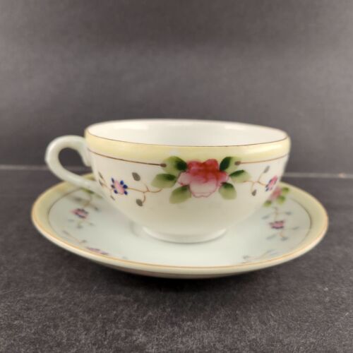 TT Triangle 4 Cup & Saucer Sets Pink & Yellow Roses Antique Japan 1 Cup Chipped