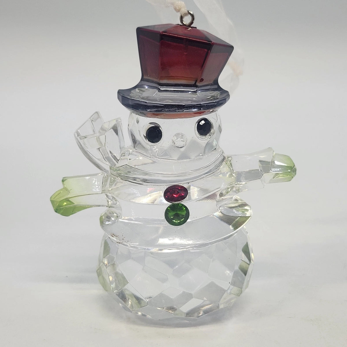 Snowman Christmas Ornament 4" Acrylic Clear Faceted w Red Top Hat & Rhinestones