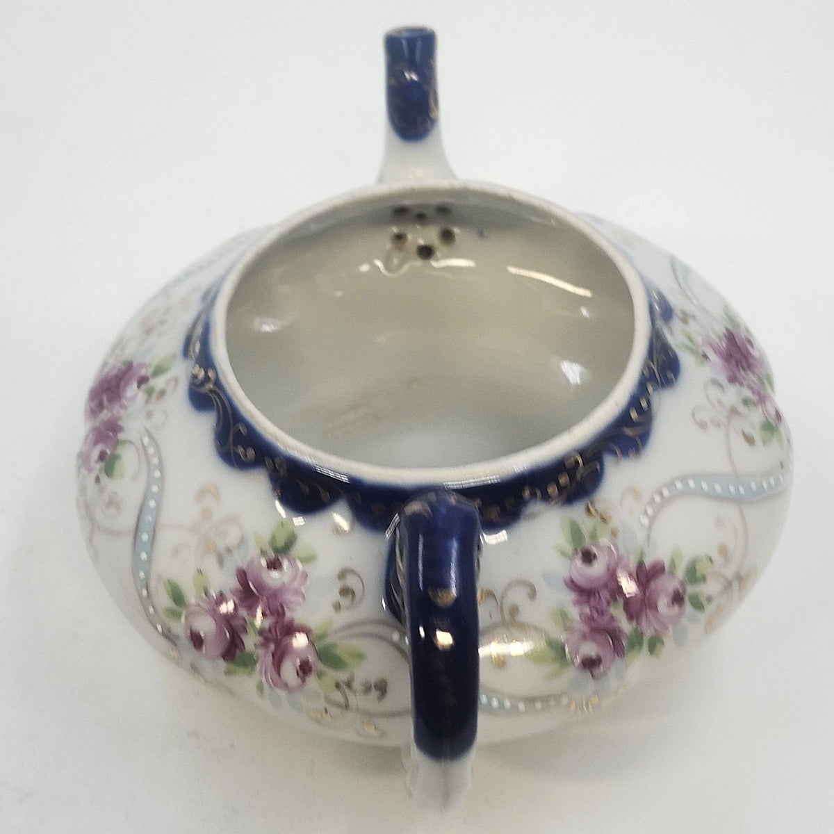 Hand Painted Porcelain Teapot 7.5"Pink Roses Cobalt Blue Gold Accents w Lid Vtg