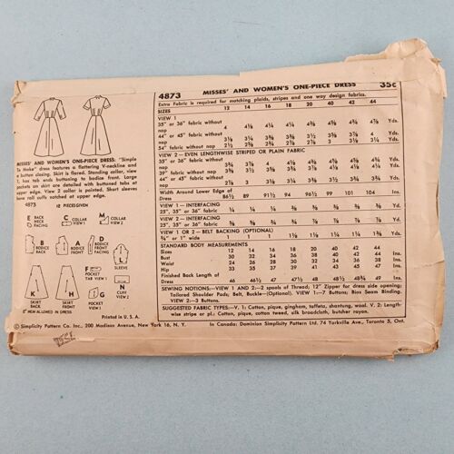 Simplicity 4873 Vintage Sewing Pattern 1950's Women's One-Piece Dress Size 16