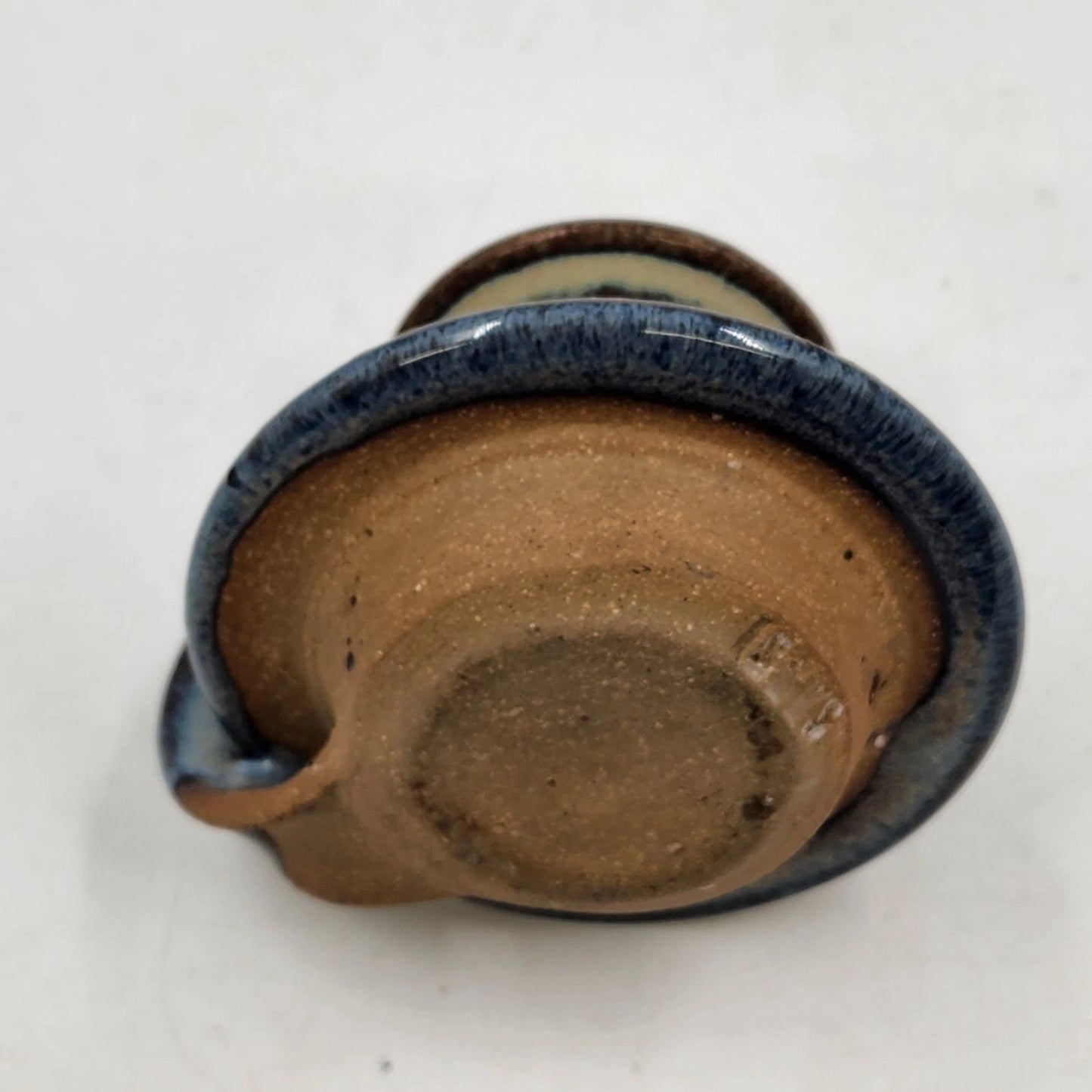 Doug Sassi Signed Pottery Candle Holder Vintage Blue Brown Handcrafted 4" x 2.5"
