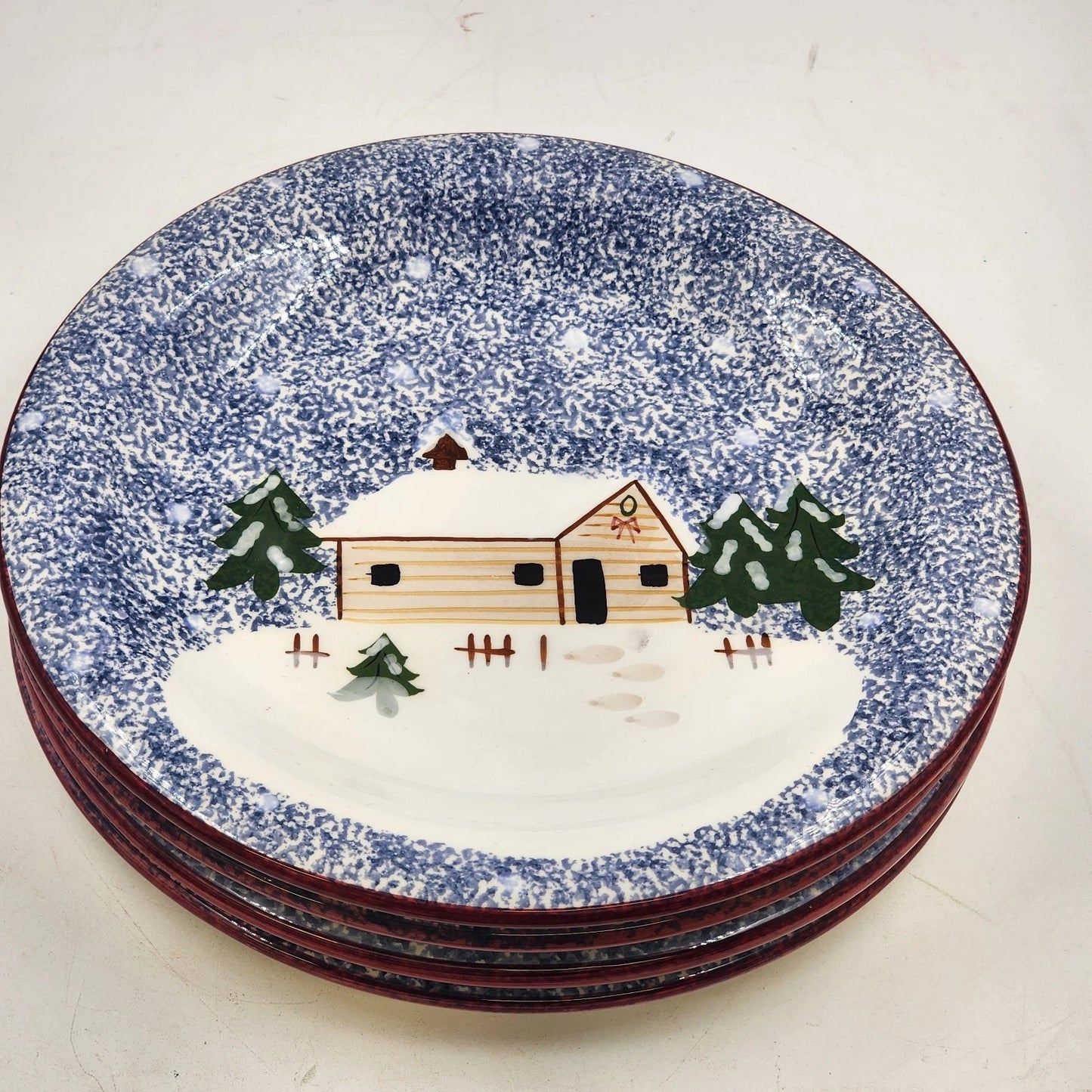 4 Holly Mountain Lodge Dinner Plates 11" FWC Cook's Bazaar Ceramic Winter Scene