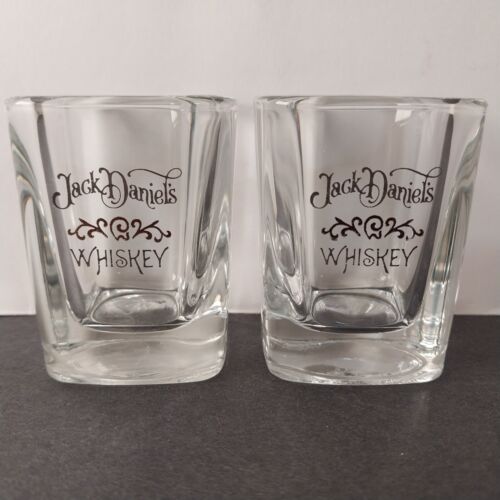 Set of 2 Shot Glasses Whiskey Jack Daniels Square Shape Clear 2 oz Vintage