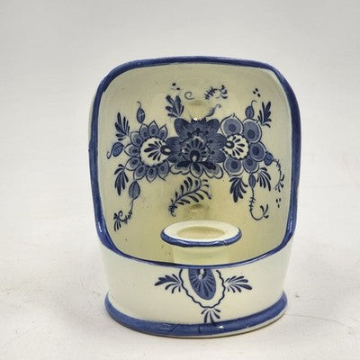 White with Blue Flower Design Scoop Shape Delftware Porcelain Candlestick Holder