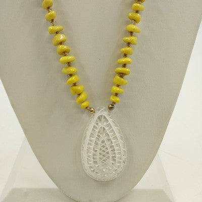Plunder Alexandra Necklace Gold Tone Chain w Pale Yellow Beads & White Pendant