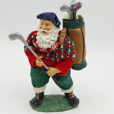 Golfing Santa Figurine Holiday Decoration 10" Fabric Mache Red Sweater Golf Bag