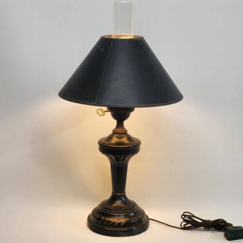 Toleware Table Lamp Black Gold Metal MCM Hurricane Globe Black Metal Cone Shade