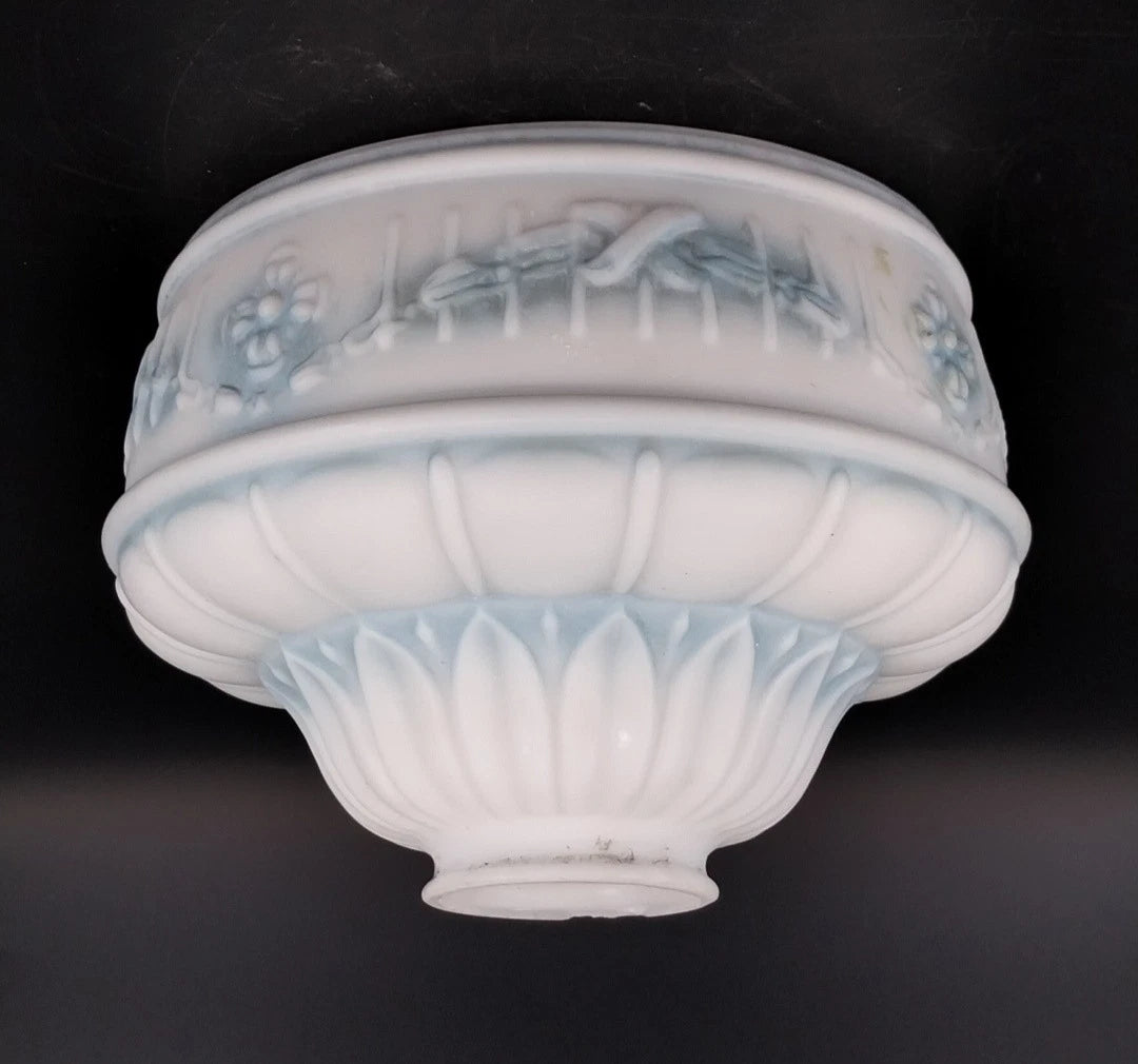 Art Deco Frosted Milk Glass Wall Sconce Shade Blue Floral Globe 2.25 Fitter