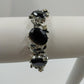 Silver Tone Bracelet Black Enameled Leaf & Faceted Glass Oval Beads