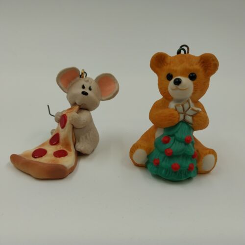 2 Hallmark Keepsake 1990 Christmas Ornaments PEPPERONI MOUSE Cinnamon Bear Vtg