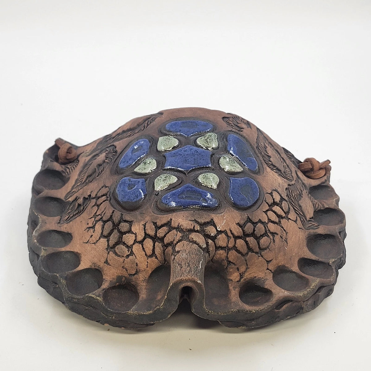 Studio Art Pottery Wall Pocket Vase Blue Green Glaze Leather Hanger 8.5"
