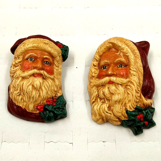 2 Old World Santa Claus Painted Clay Head Brooch Pin Christmas Holiday Vintage