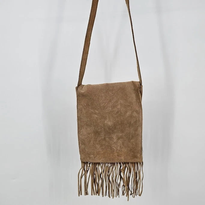 Suede Hippy Boho Chic Tassel Fringe Shoulder Bag Beige Open Rivets Purse Snap