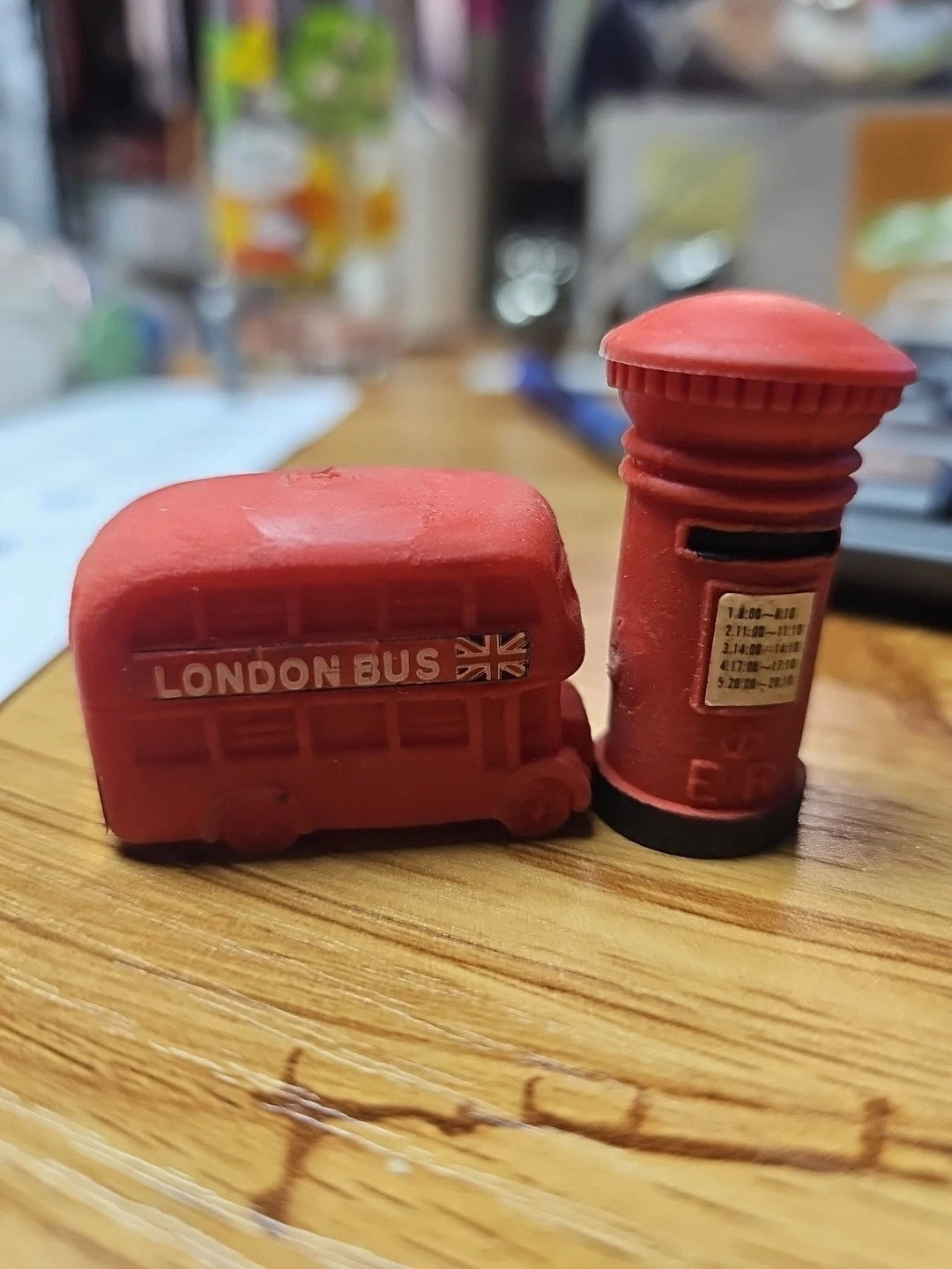 London Bus Red Rubber Mini Toy Bus Stop Figurine England Souvenir Vintage