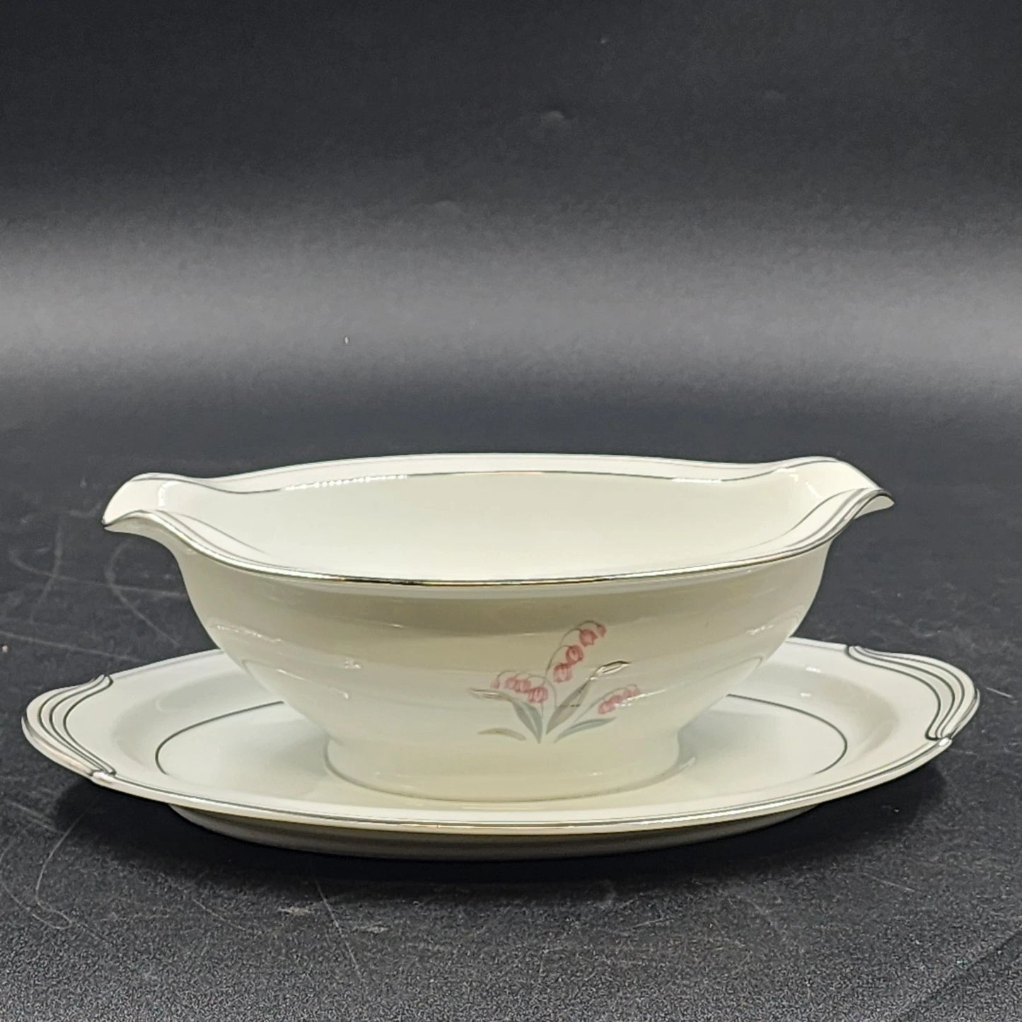 Noritake Crest 5421 Gravy Boat Attached Underplate Lily of the Valley Platinum