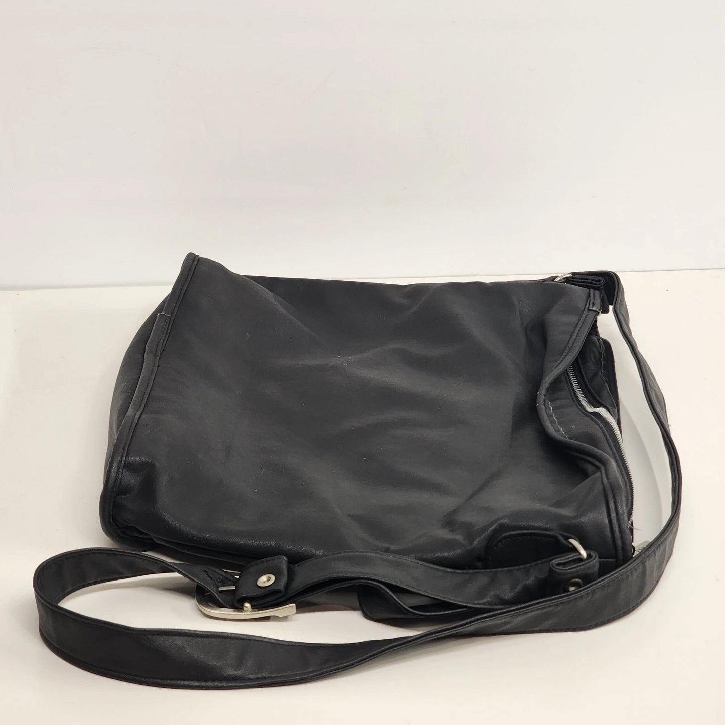 MHNY Black Leather Crossbody Satchel Three Compartment Purse