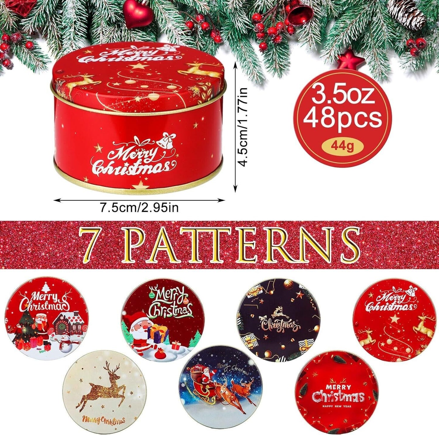 48 Pc Christmas Cookie Tins with Lids Round Metal Christmas Tins 3.5 oz 3" x 1¾"