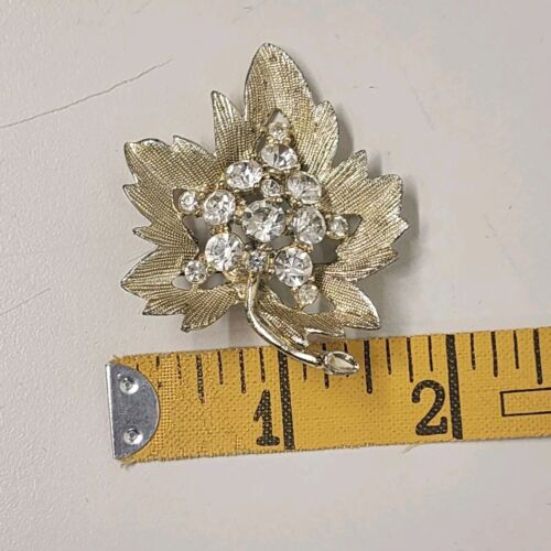 Gold Tone Leaf Brooch with Clear Rhinestones Brushed Finish 1.5" x 2" Vintage