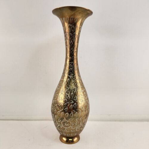 Etched Brass Floral Trumpet Vase Stamped ZY India X" Tall x 4" Across