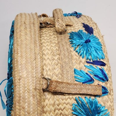 Woven Raffia Hat Box Suitcase Train case Blue Floral Travel 16" Boho Vintage