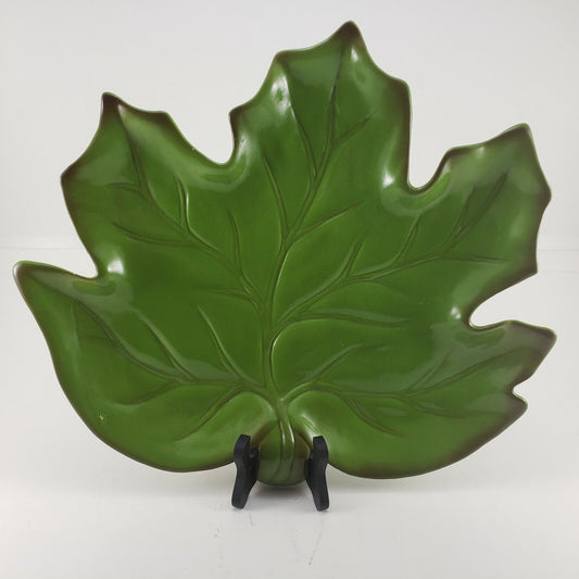 M Studios Serving Platter Rare Large Leaf Shaped Green with Brown Accents 16"