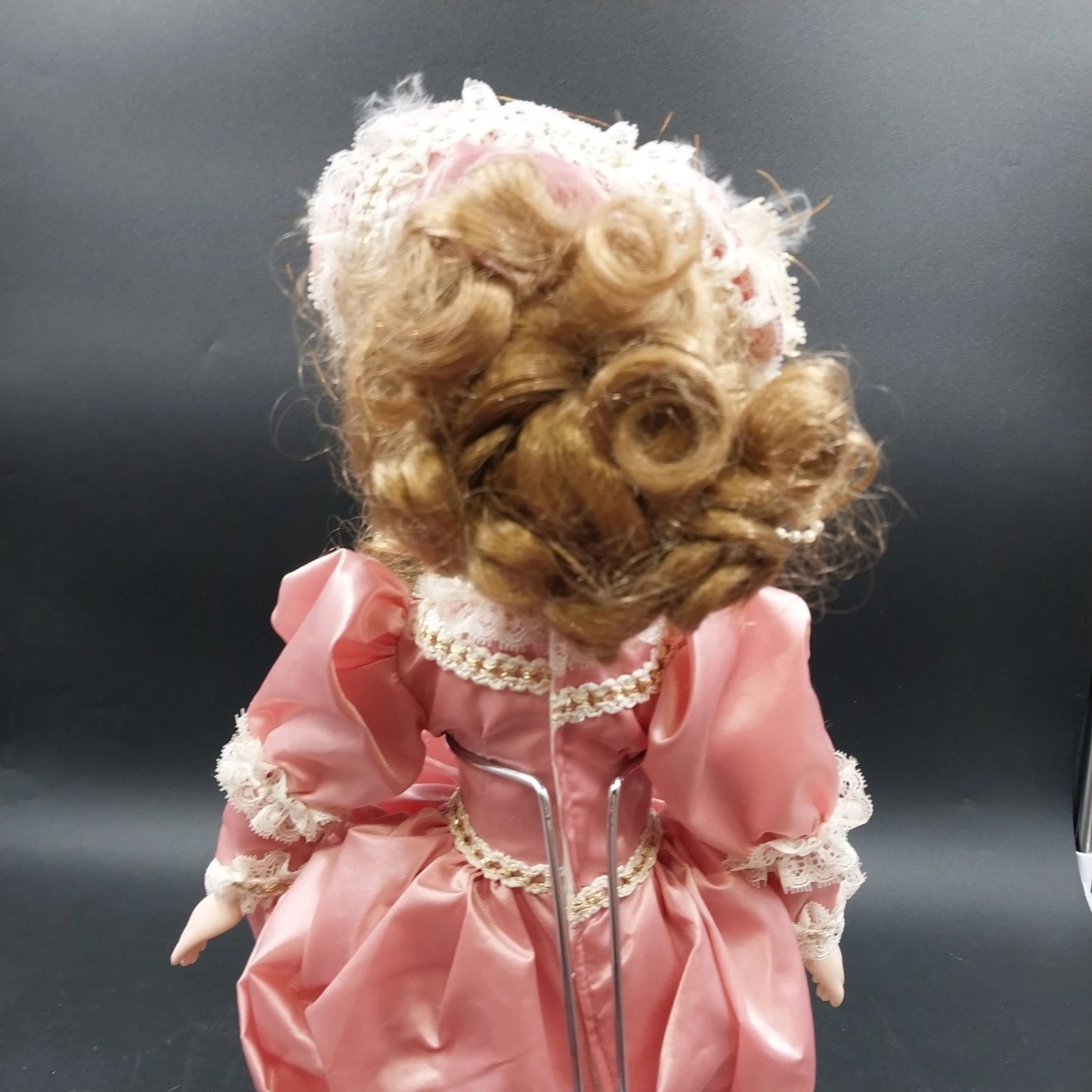 Porcelain Doll 18" Pink White Dress Antique Lace Curly Hair Collector Figurine