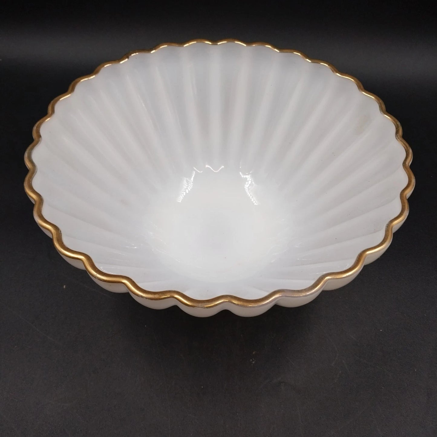 Fire-King Rachel Serving Bowl 11" Milk Glass Scalloped Gold Rim Anchor Hocking