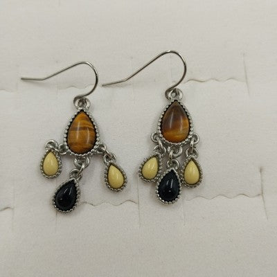 CHAPS Silver Tone Cat Earrings Tiger's Eye White Black Stone Dangle Hook