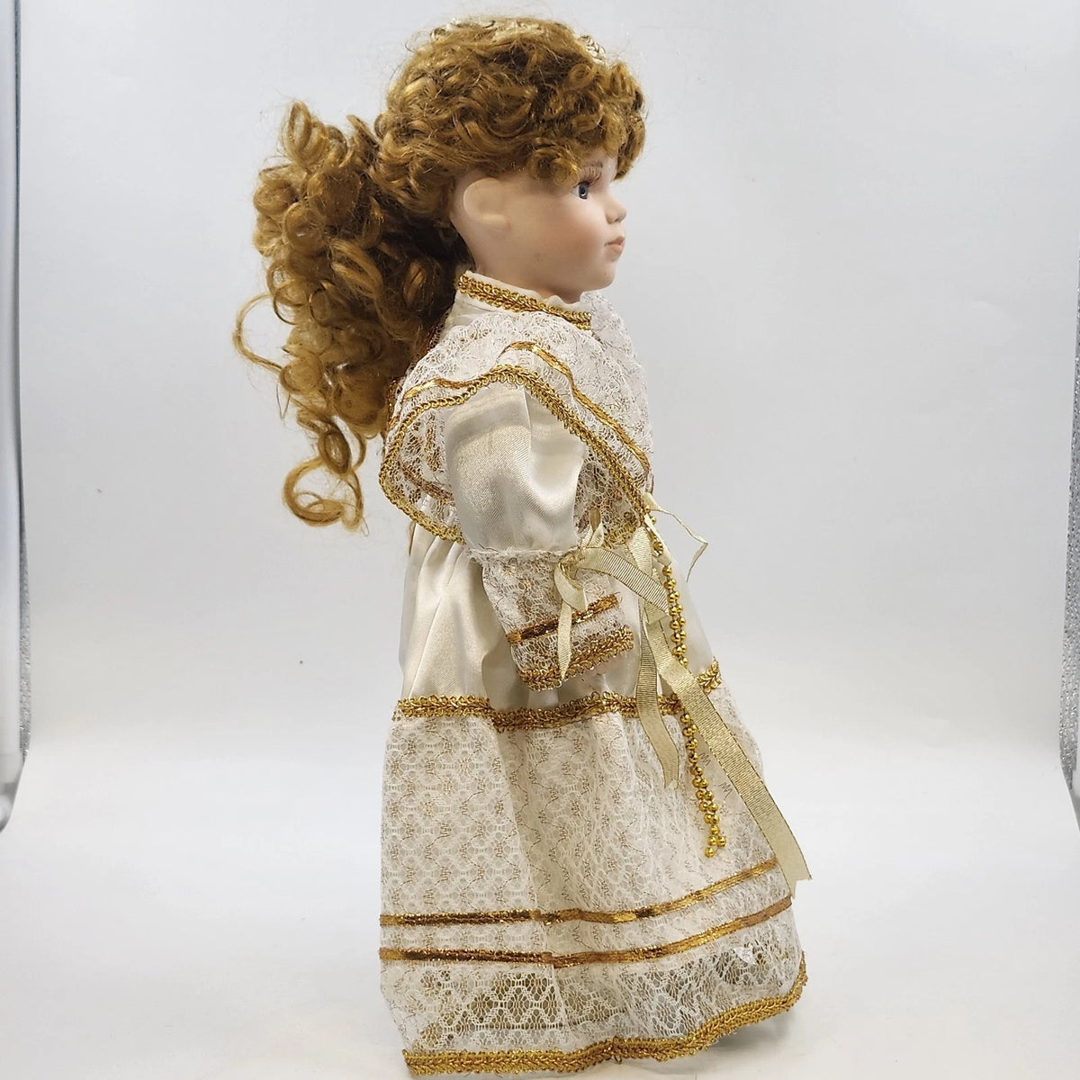 Porcelain Victorian Lady Doll Auburn Curls Cream Gold Dress 16" Vintage Taiwan