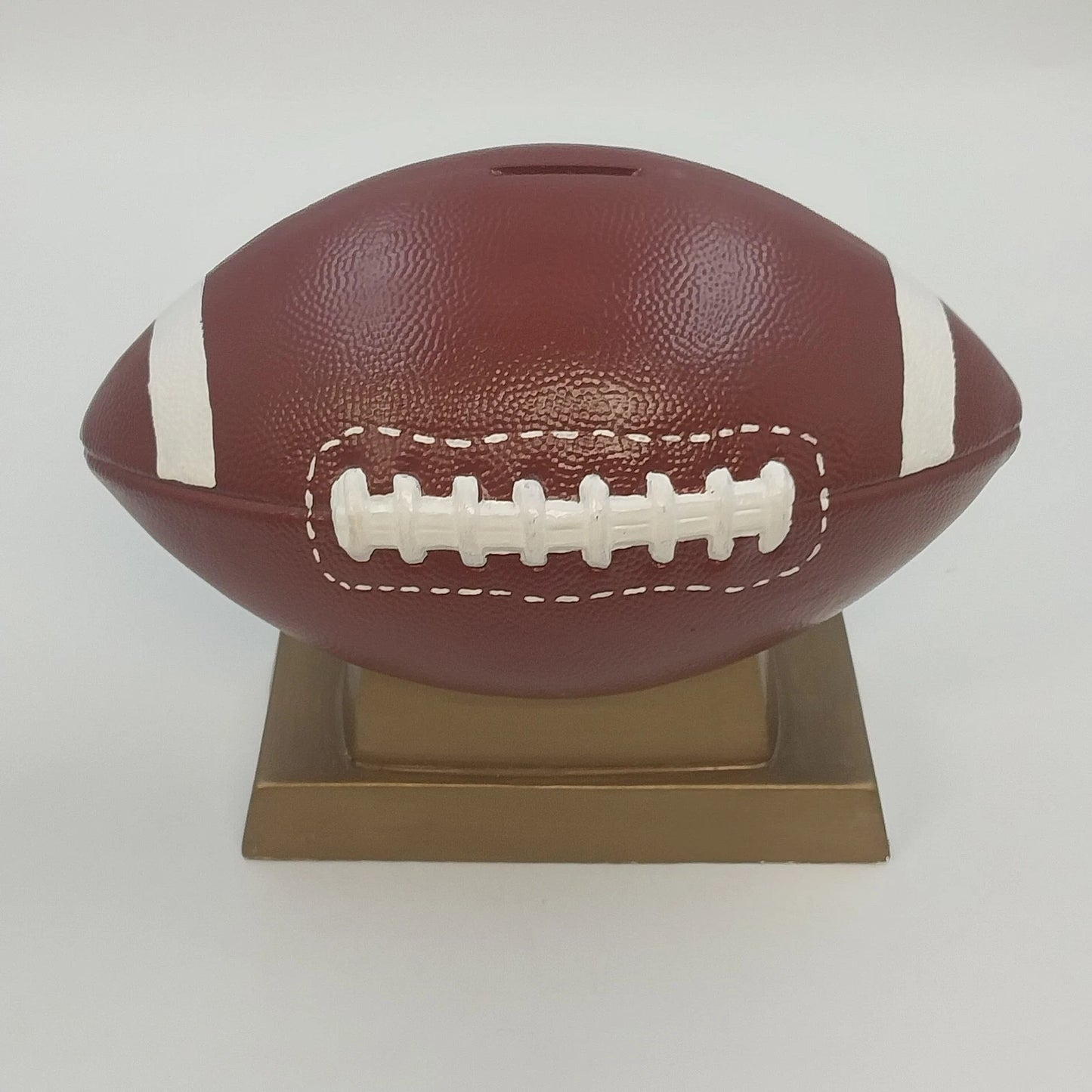 Ceramic Football Coin Bank Textured Sport Piggy Bank Brown on Pedestal Base 9.5"